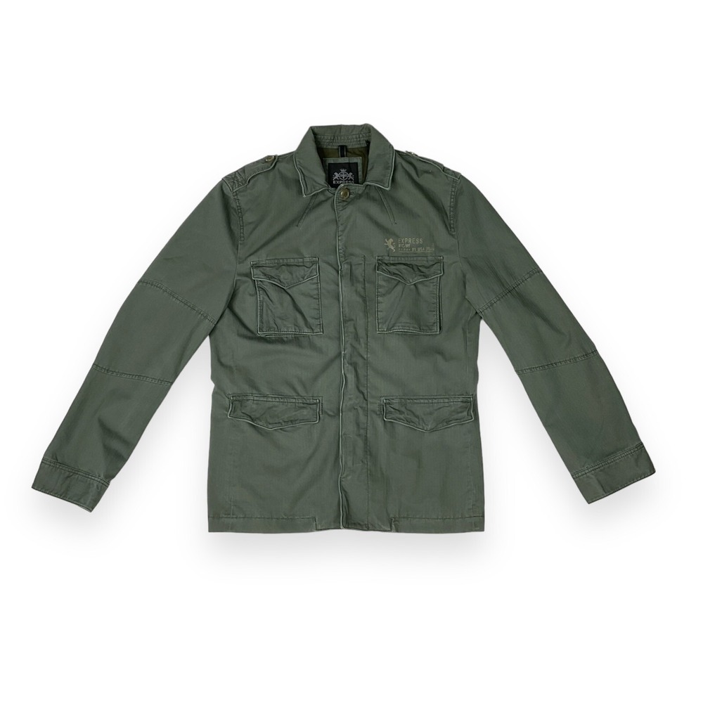 Express Jacket Mens Medium Green Shacket Button Long Sleeve Lion VTG